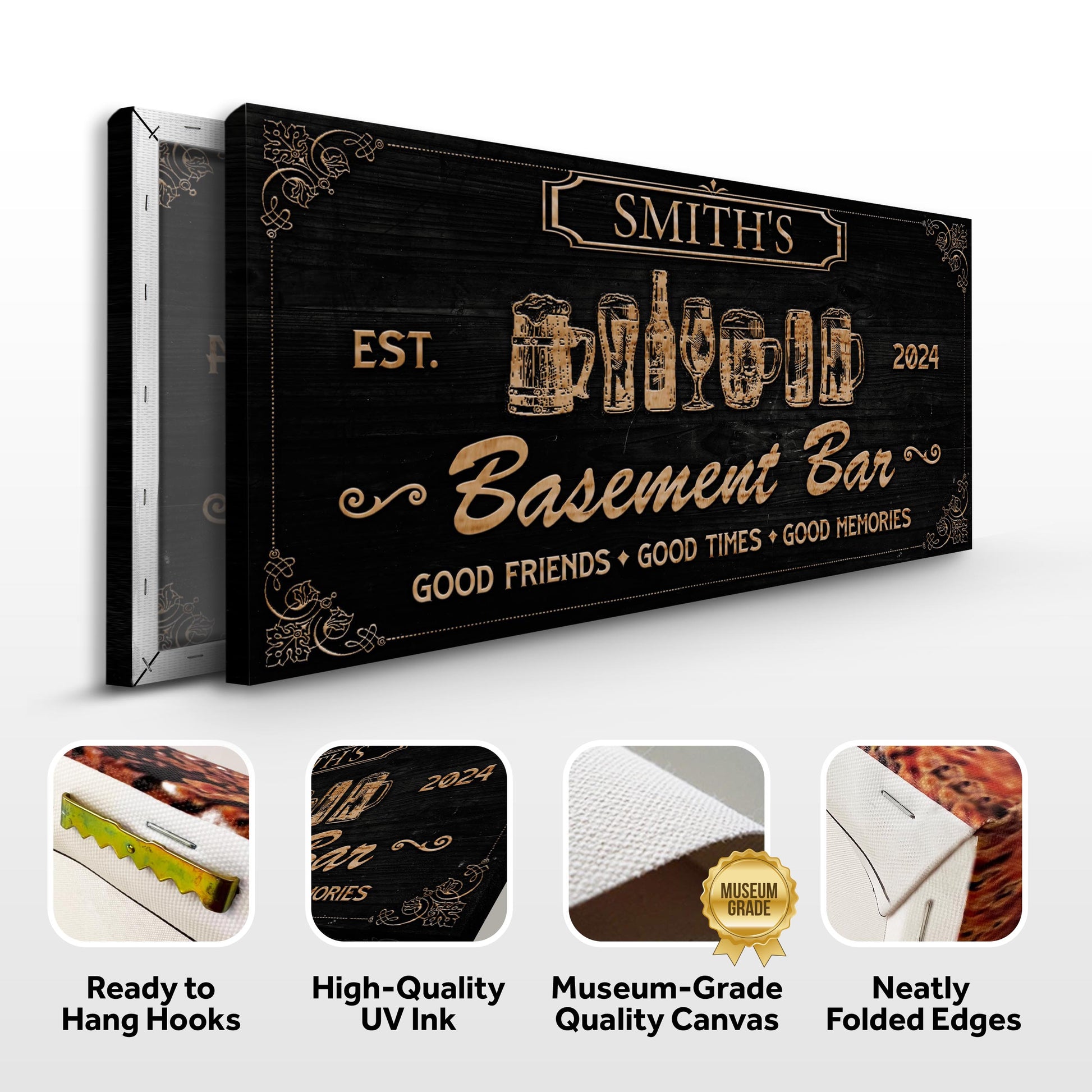 Personalized Basement Bar Sign II Canvas by Tailored Canvases copper text on black wood on Tampa Home & Garden Store