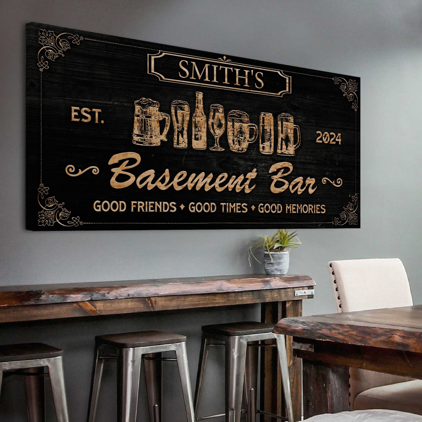 Personalized Basement Bar Sign Canvas with gold lettering on black woodgrain background on Tampa Home & Garden Store