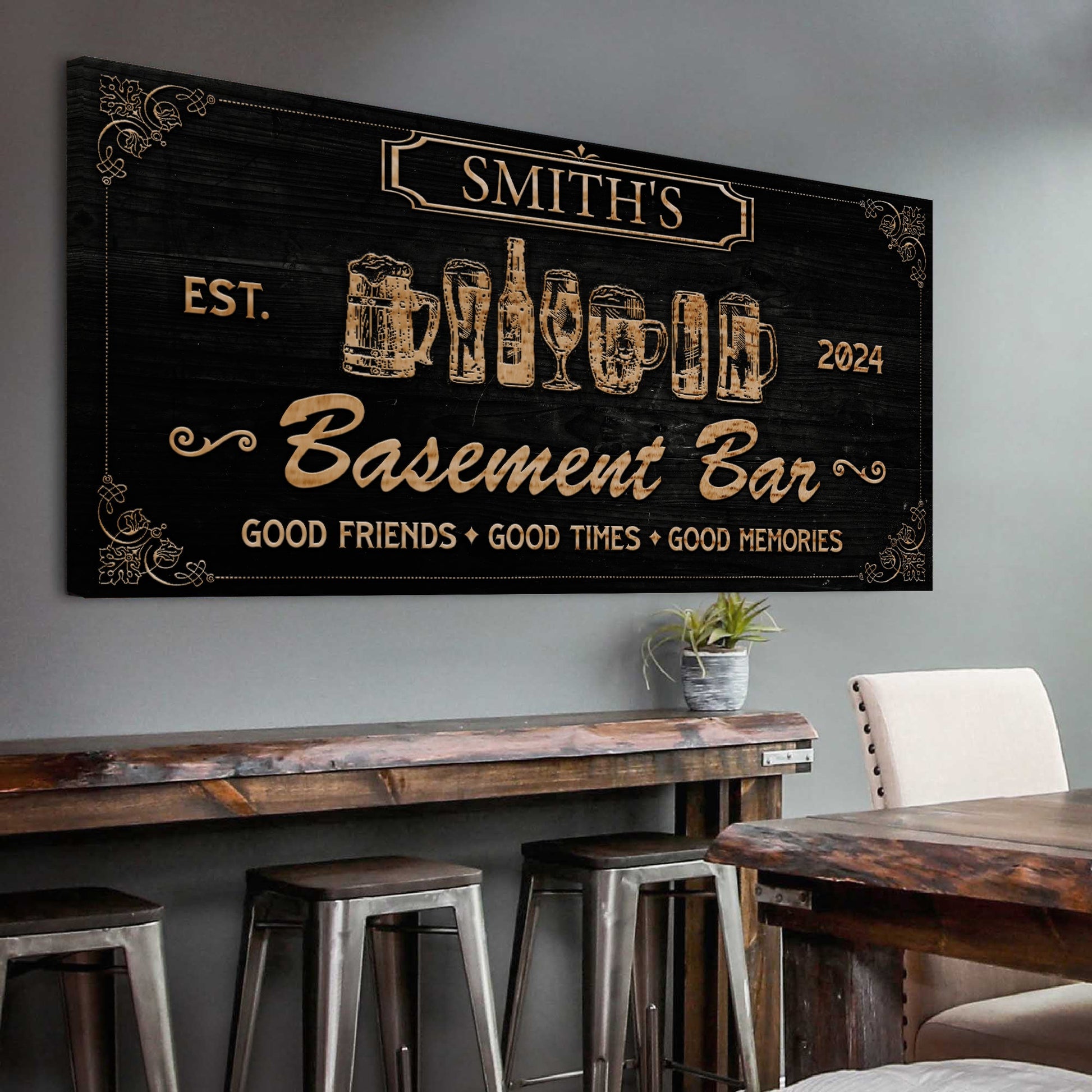 Personalized Basement Bar Sign Canvas with gold lettering on black woodgrain background on Tampa Home & Garden Store