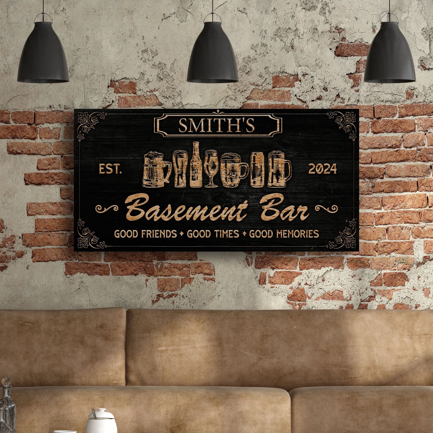 Personalized Basement Bar Sign II canvas in black with copper lettering Tailored Canvases on Tampa Home & Garden Store