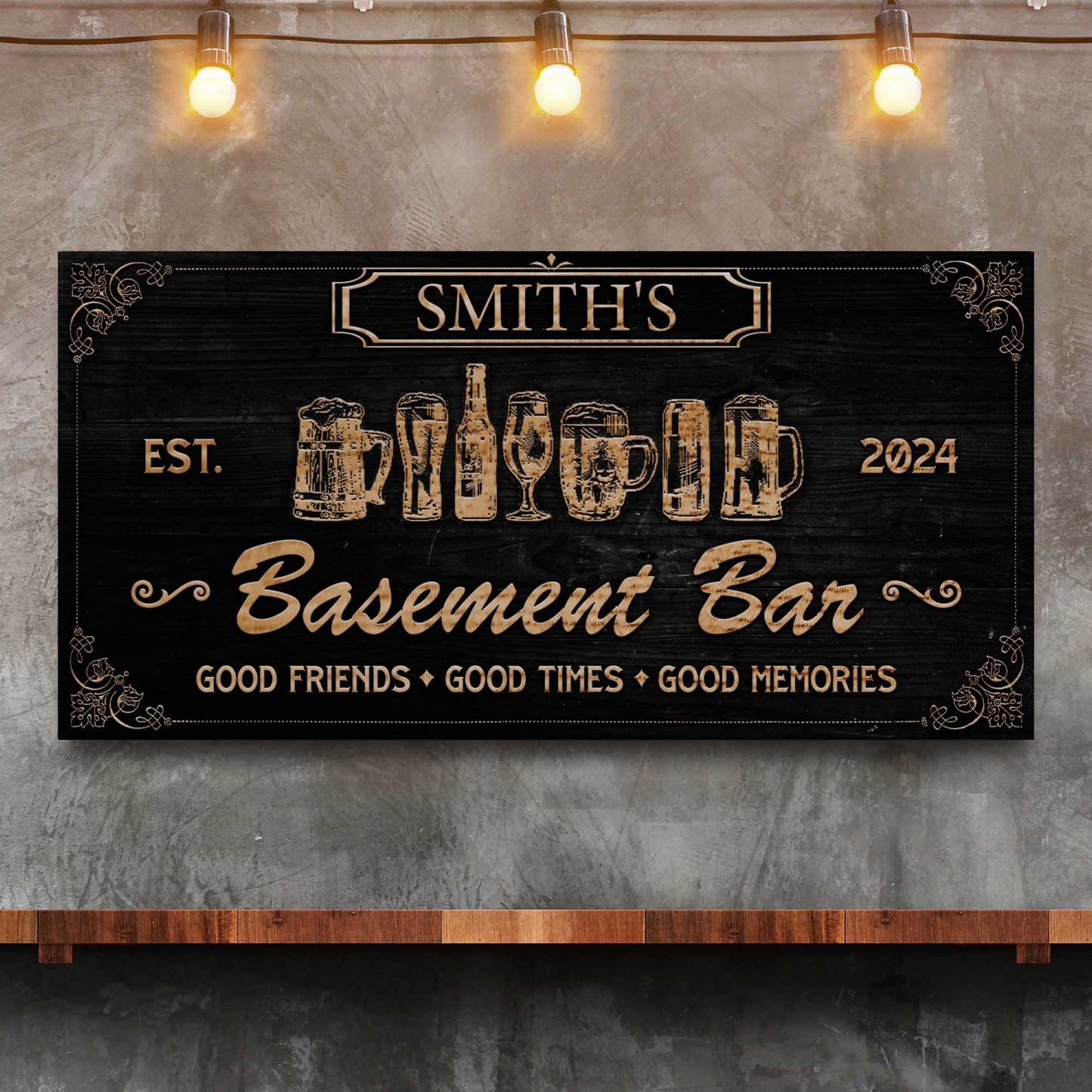 Personalized Basement Bar Sign II canvas by Tailored Canvases in black with gold frame on Tampa Home & Garden Store