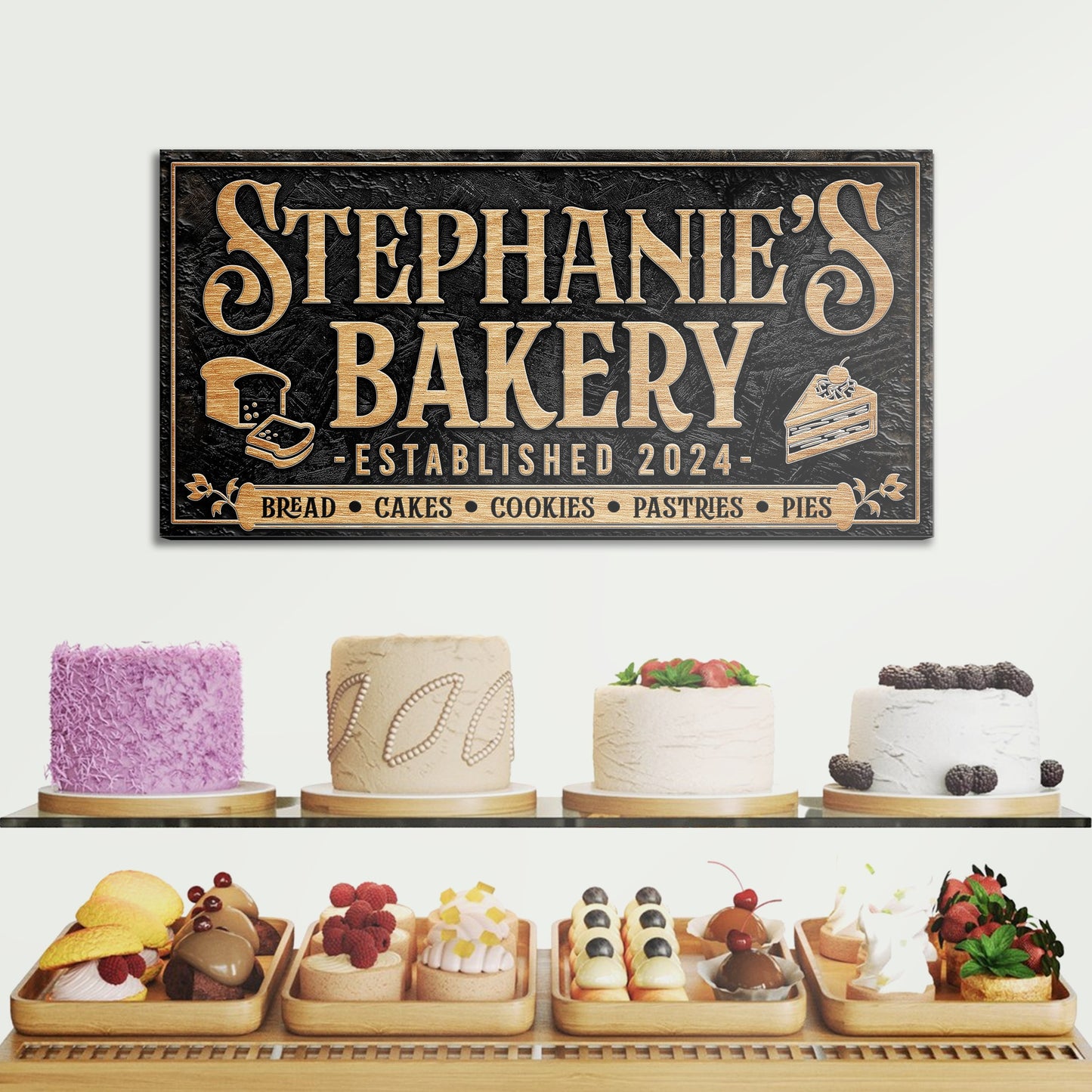 Personalized Bakery Sign canvas by Tailored Canvases with copper lettering on black background on Tampa Home & Garden Store