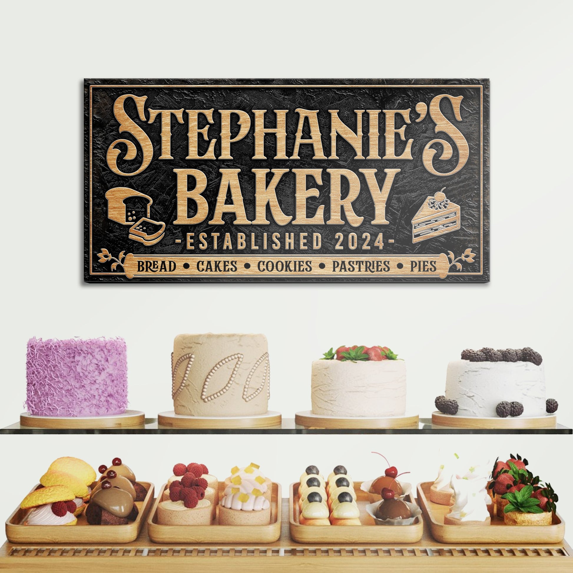 Personalized Bakery Sign canvas by Tailored Canvases with copper lettering on black background on Tampa Home & Garden Store