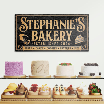 Personalized Bakery Sign canvas by Tailored Canvases with copper lettering on black background on Tampa Home & Garden Store