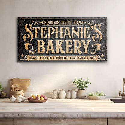 Personalized Bakery Sign canvas by Tailored Canvases with gold lettering Stephanie's Bakery on Tampa Home & Garden Store