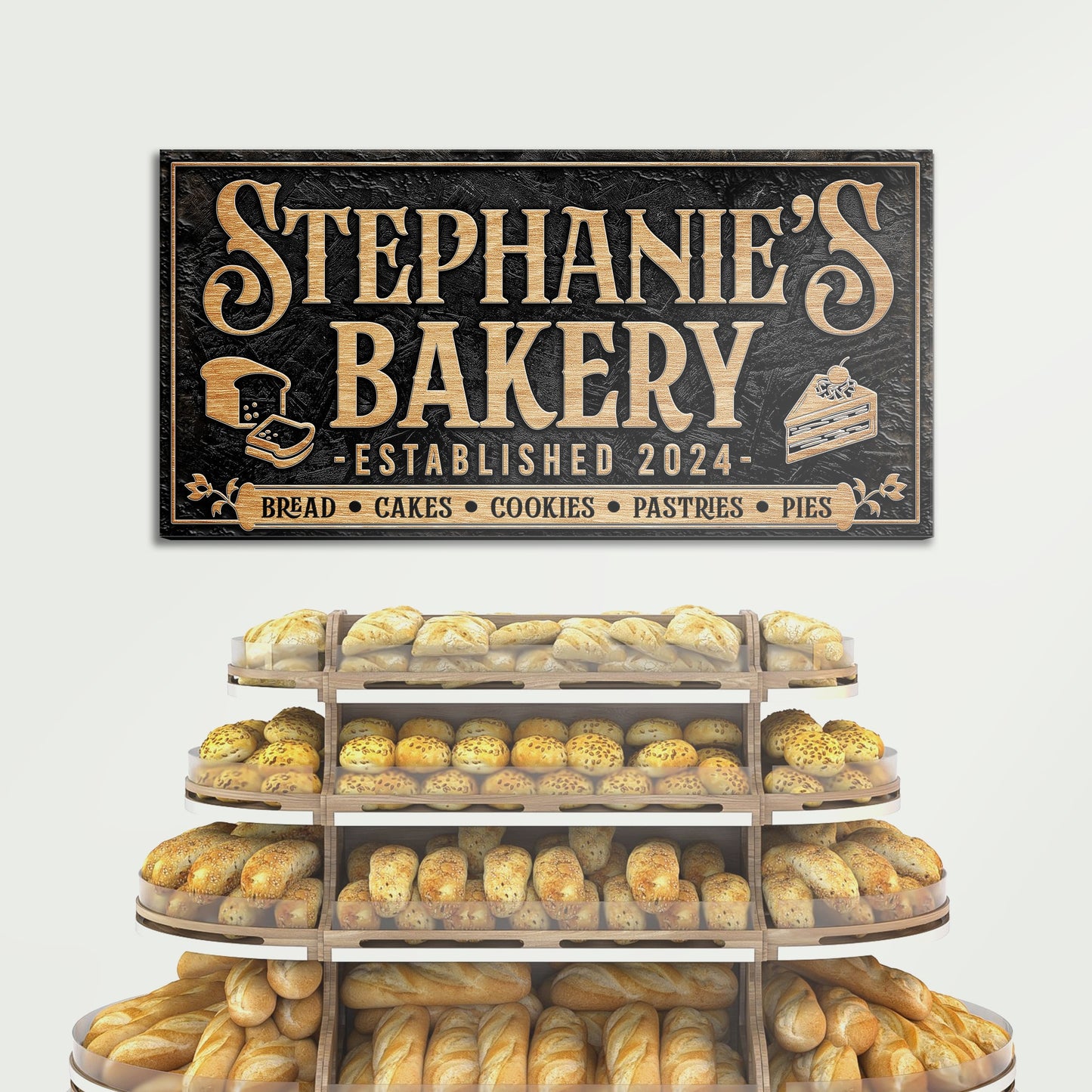 Personalized Bakery Sign canvas with gold lettering Stephanie's Bakery on black backdrop on Tampa Home & Garden Store