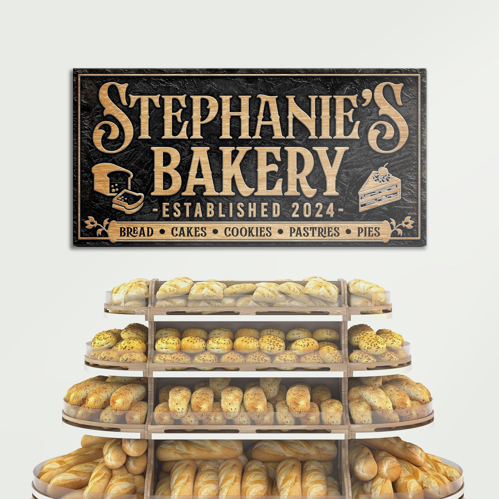 Personalized Bakery Sign canvas with gold lettering Stephanie's Bakery on black backdrop on Tampa Home & Garden Store