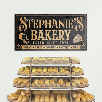 Personalized Bakery Sign canvas with gold lettering Stephanie's Bakery on black backdrop on Tampa Home & Garden Store