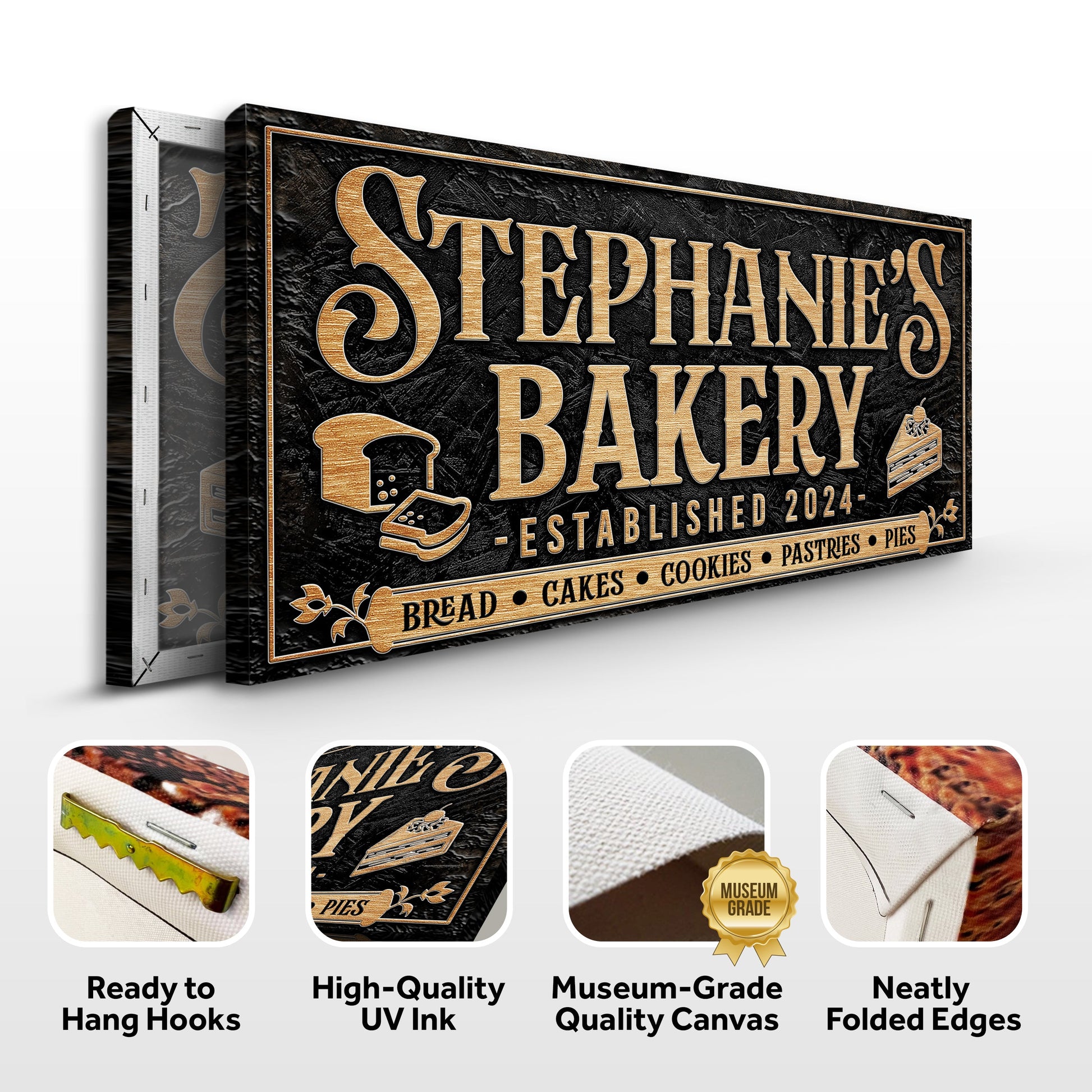 Personalized bakery sign canvas by Tailored Canvases with black texture and gold lettering on Tampa Home & Garden Store