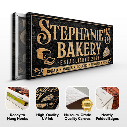 Personalized bakery sign canvas by Tailored Canvases with black texture and gold lettering on Tampa Home & Garden Store