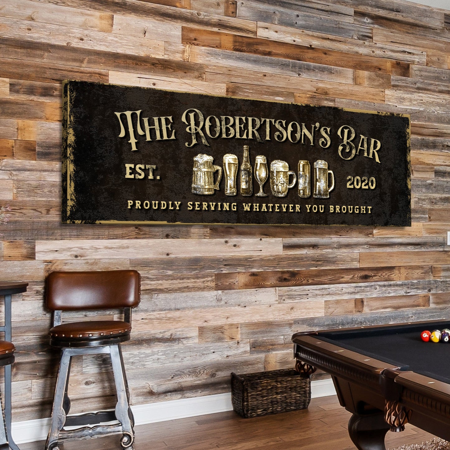 Personalized Bar Sign III canvas with black gold finish and beer icons on Tailored Canvases on Tampa Home & Garden Store