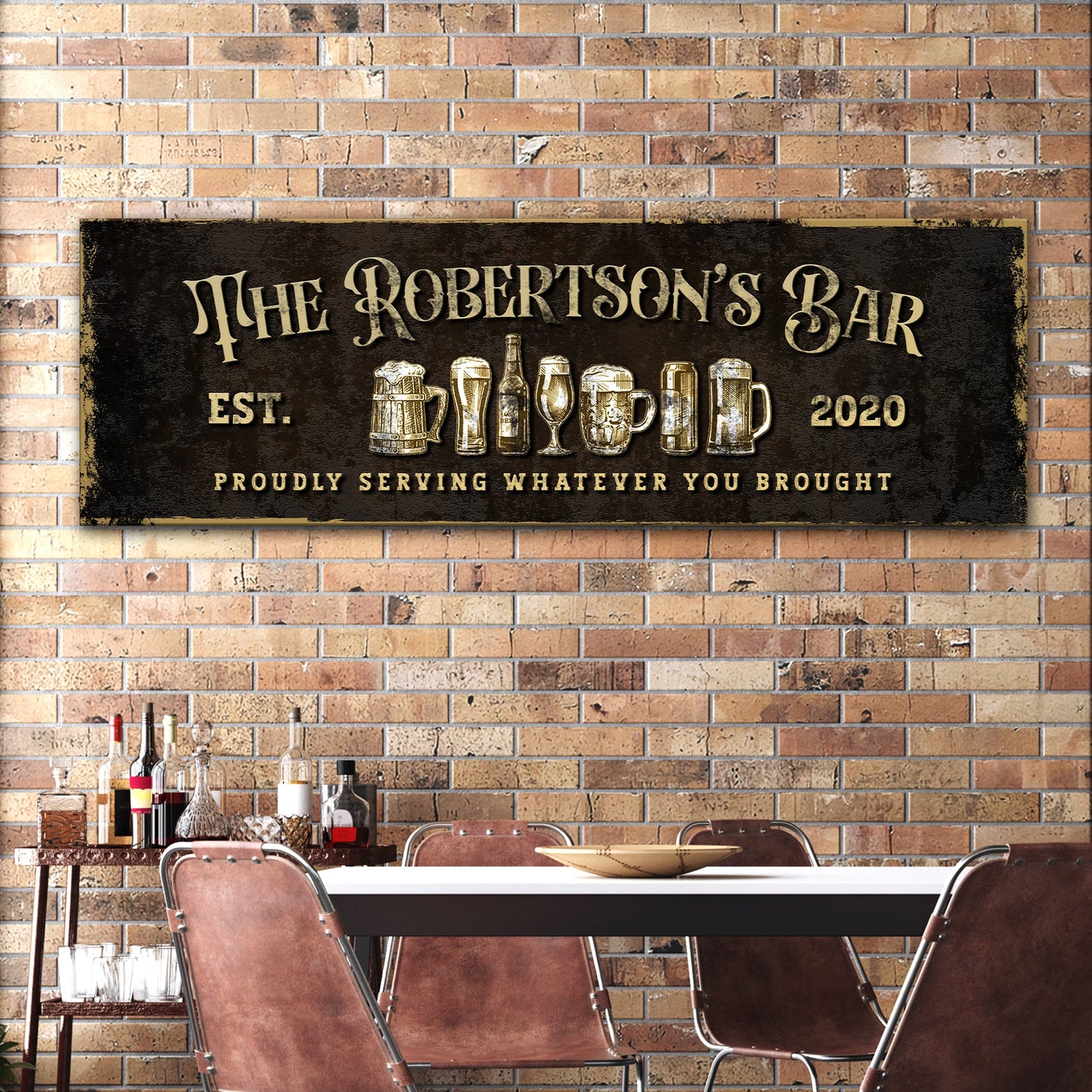 Personalized Bar Sign III canvas sign black with gold lettering and beer mugs Tailored Canvases on Tampa Home & Garden Store