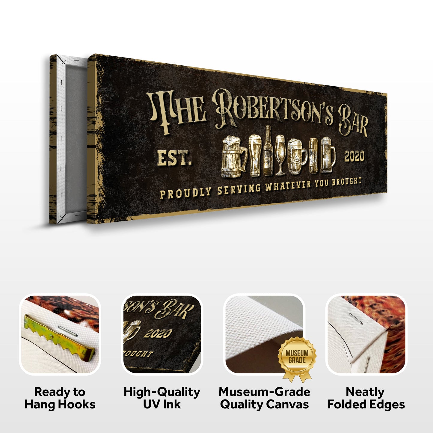 Personalized Bar Sign III canvas by Tailored Canvases; rustic brown with gold lettering on Tampa Home & Garden Store