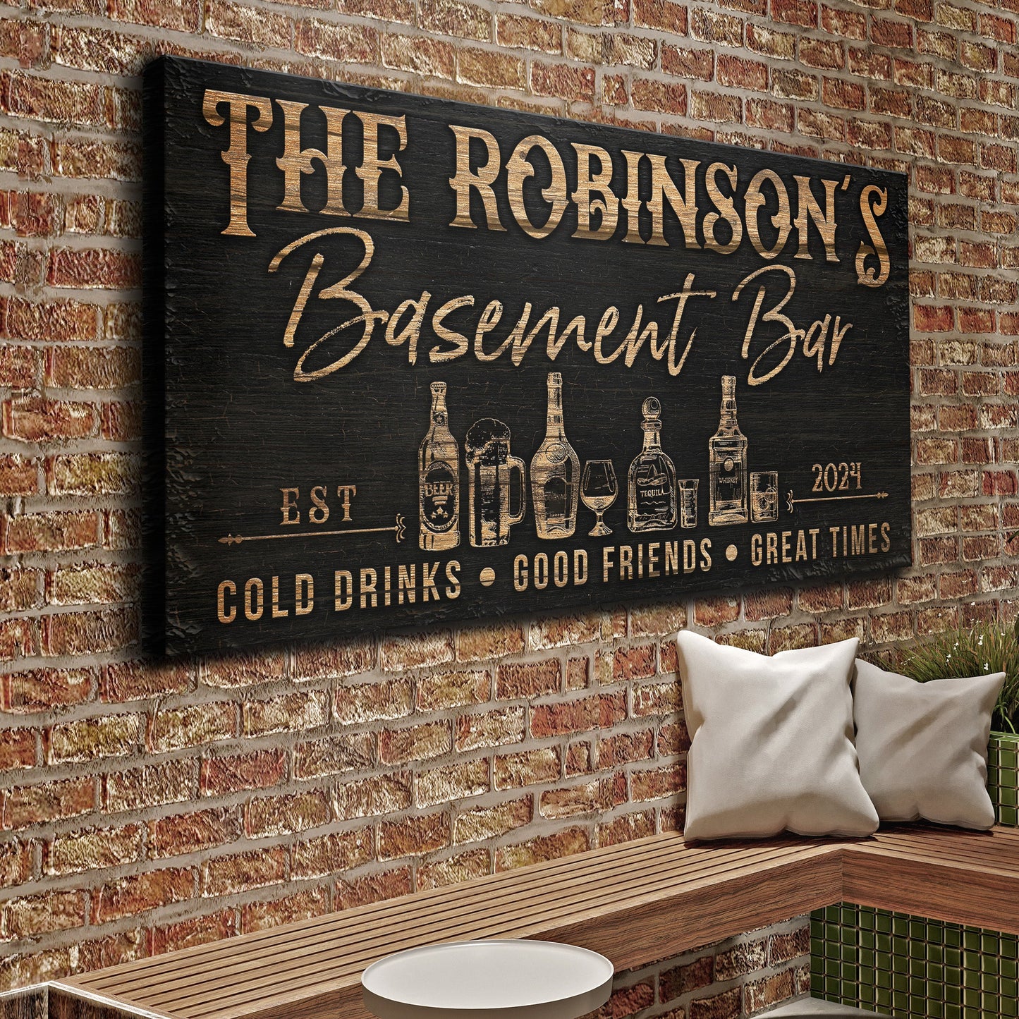 Personalized Basement Bar Sign III canvas by Tailored Canvases; black with gold lettering on Tampa Home & Garden Store