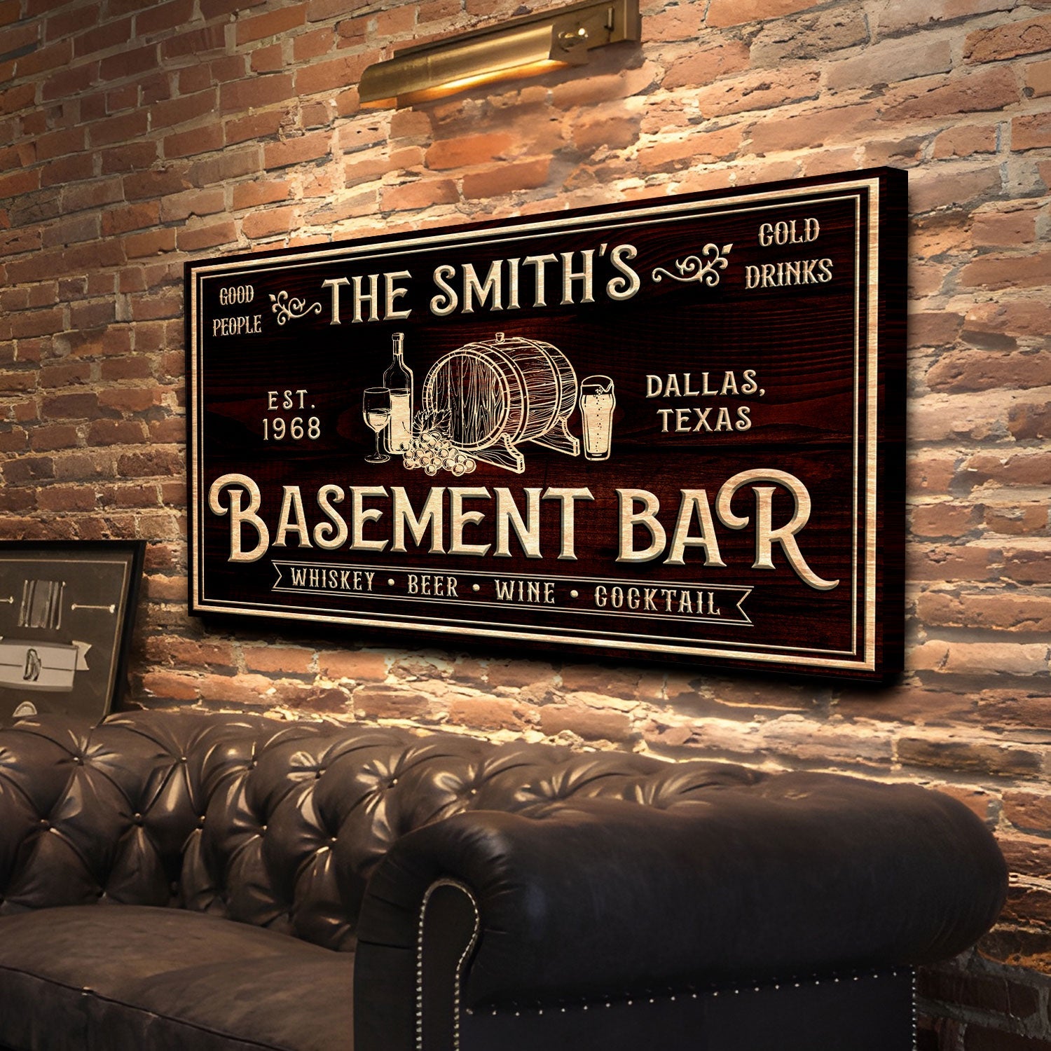 Personalized Basement Bar Sign canvas by Tailored Canvases with gold lettering on dark wood on Tampa Home & Garden Store