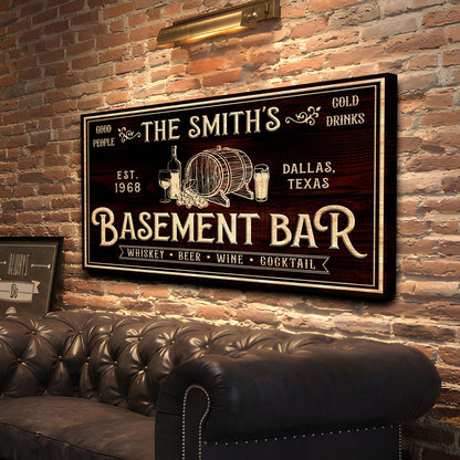 Personalized Basement Bar Sign canvas by Tailored Canvases with gold lettering on dark wood on Tampa Home & Garden Store