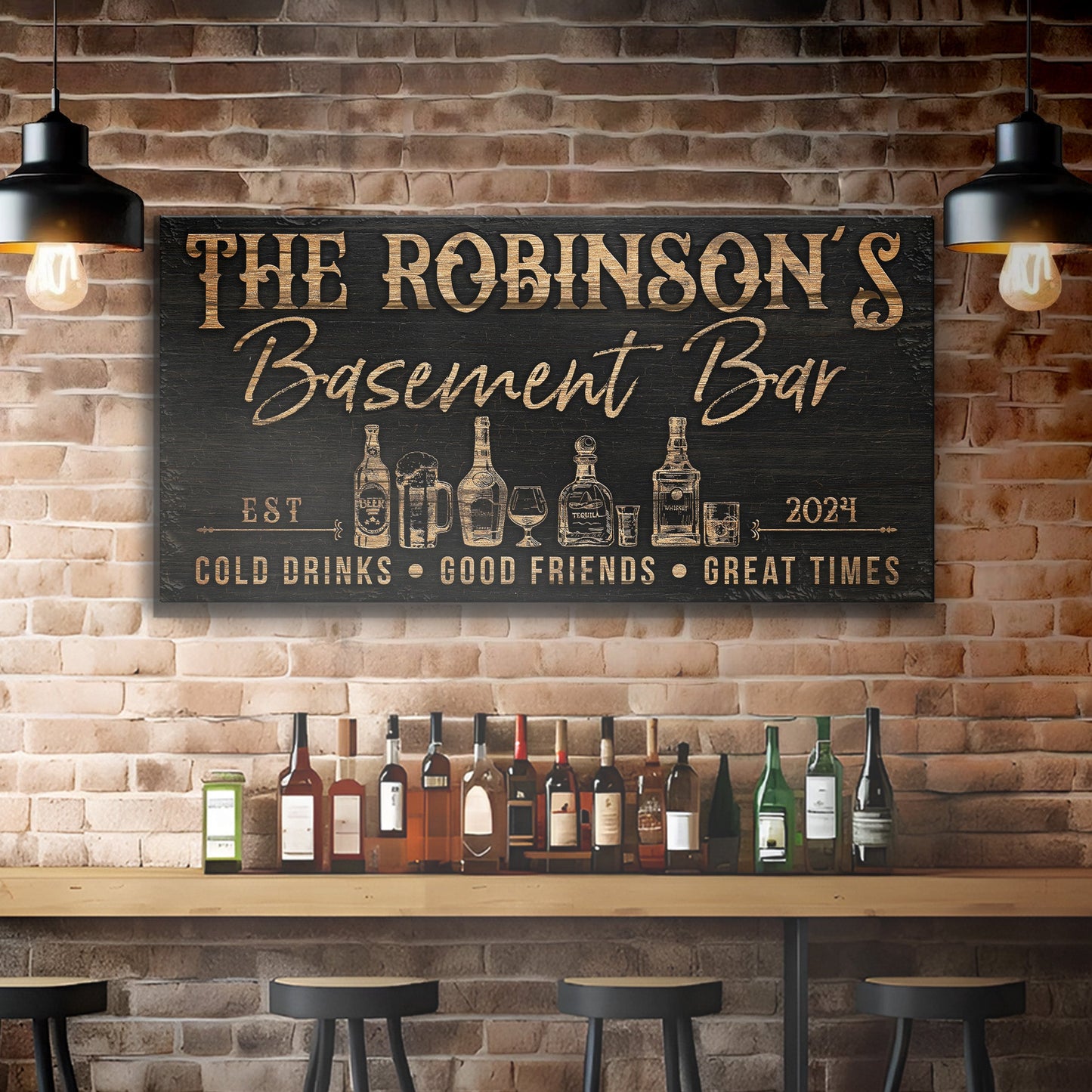Personalized Basement Bar Sign III canvas with copper text and bottle art by Tailored Canvases on Tampa Home & Garden Store