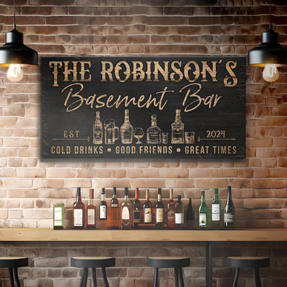 Personalized Basement Bar Sign III canvas with copper text and bottle art by Tailored Canvases on Tampa Home & Garden Store
