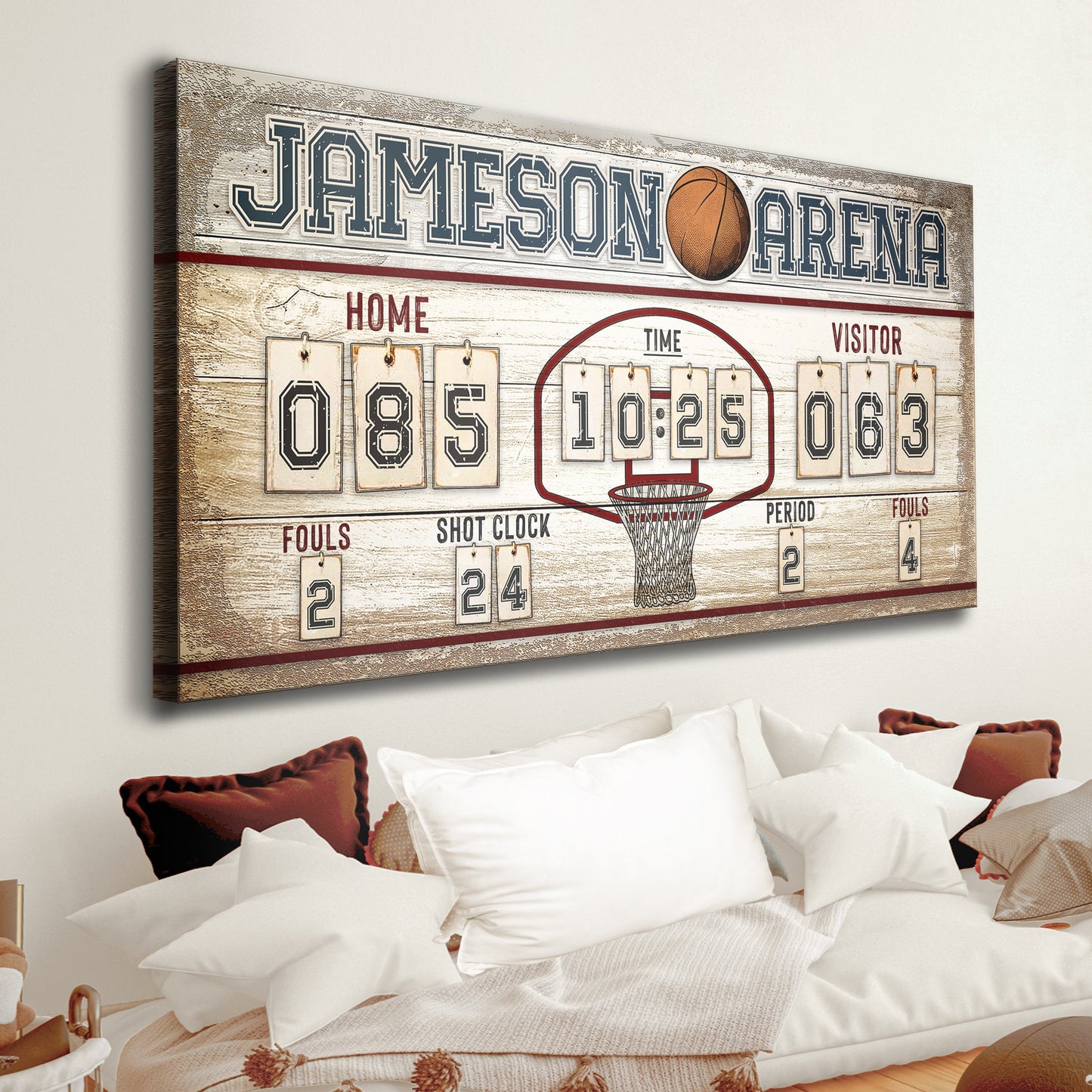 Personalized basketball scoreboard sign canvas by Tailored Canvases with basketball graphic on Tampa Home & Garden Store