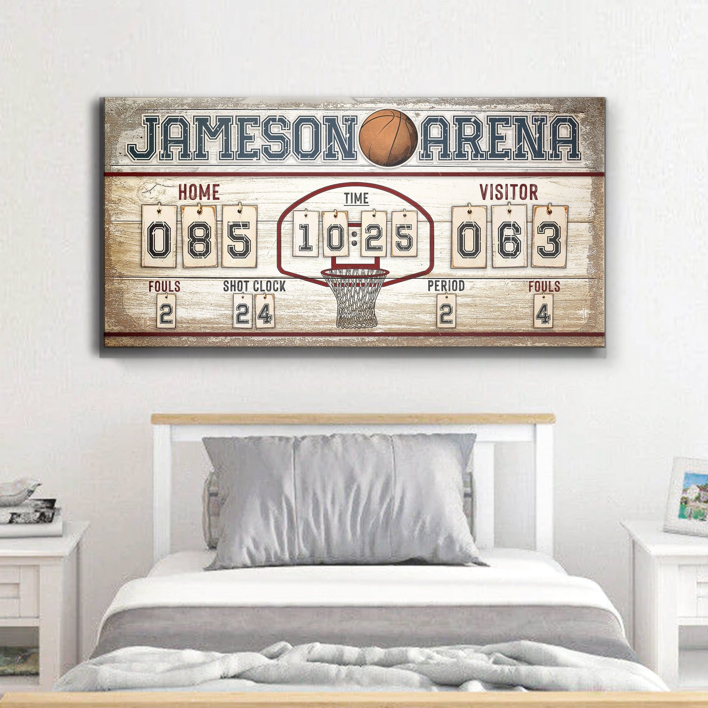 Personalized basketball scoreboard sign canvas with vintage wood backdrop on Tampa Home & Garden Store