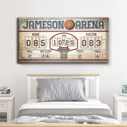 Personalized basketball scoreboard sign canvas with vintage wood backdrop on Tampa Home & Garden Store