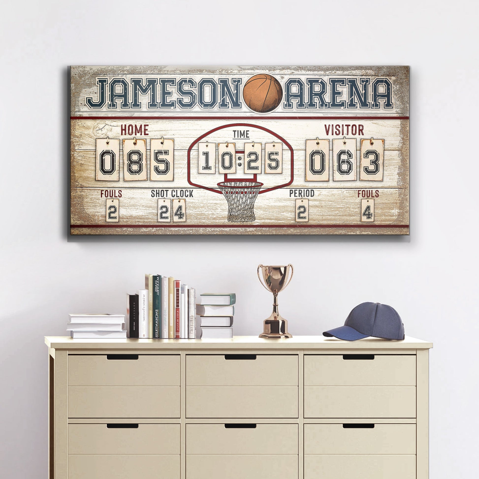 Personalized basketball scoreboard canvas sign with vintage wood backdrop on Tampa Home & Garden Store