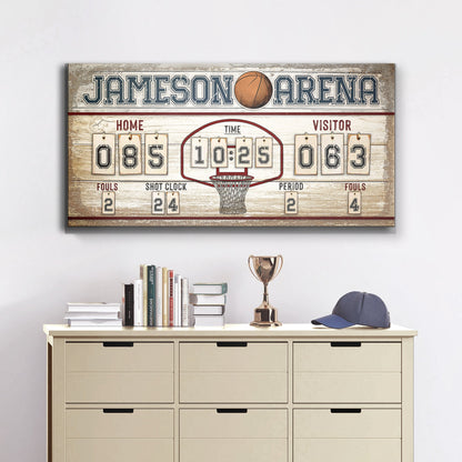 Personalized basketball scoreboard canvas sign with vintage wood backdrop on Tampa Home & Garden Store