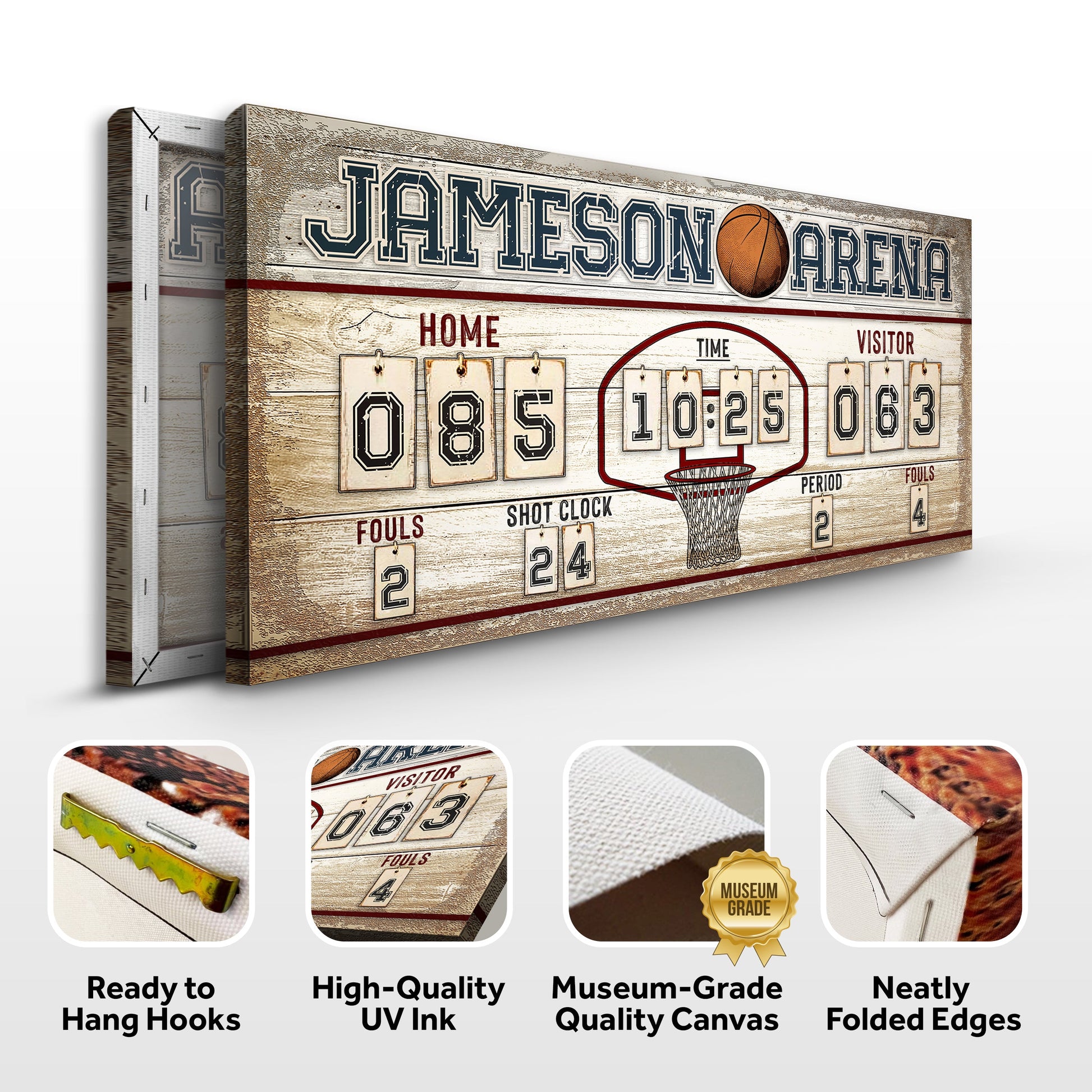 Personalized basketball scoreboard canvas with distressed wood and Tailored Canvases on Tampa Home & Garden Store