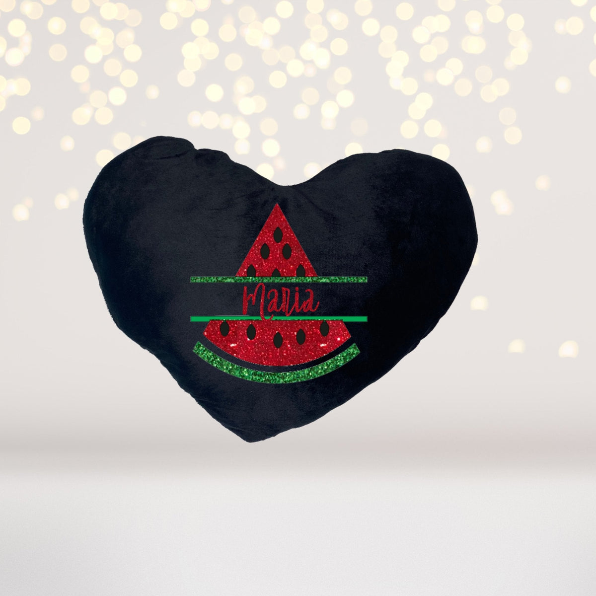 Plush heart throw pillow with red glitter watermelon slice applique on black velvety fabric on Tampa Home & Garden Store