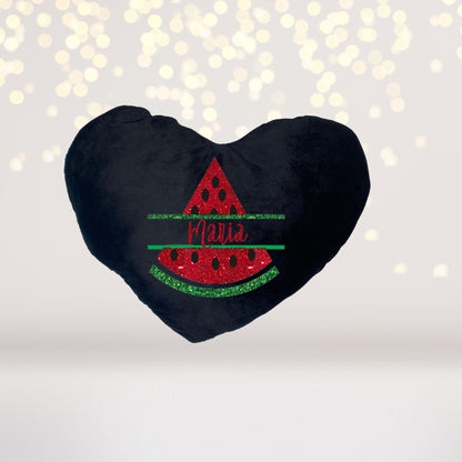 Plush heart throw pillow with red glitter watermelon slice applique on black velvety fabric on Tampa Home & Garden Store