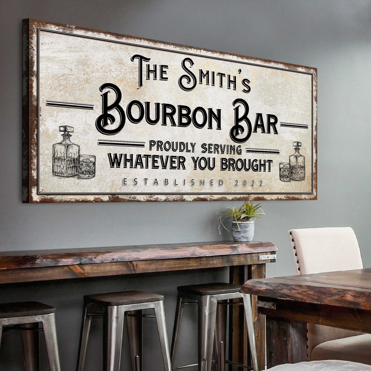 Canvas sign The Smith's Bourbon Bar with distressed beige texture and whiskey bottles on Tampa Home & Garden Store