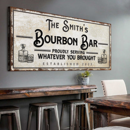 Canvas sign The Smith's Bourbon Bar with distressed beige texture and whiskey bottles on Tampa Home & Garden Store