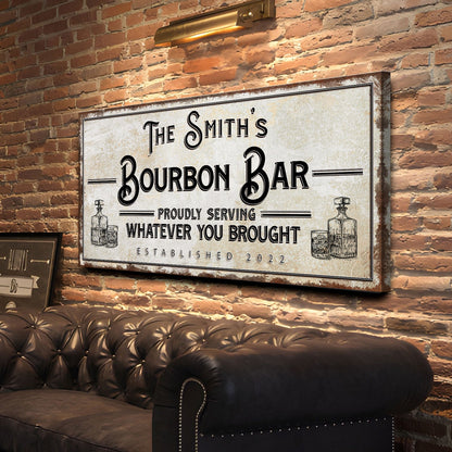 Personalized Bourbon Bar Sign canvas with beige distress Tailored Canvases on Tampa Home & Garden Store