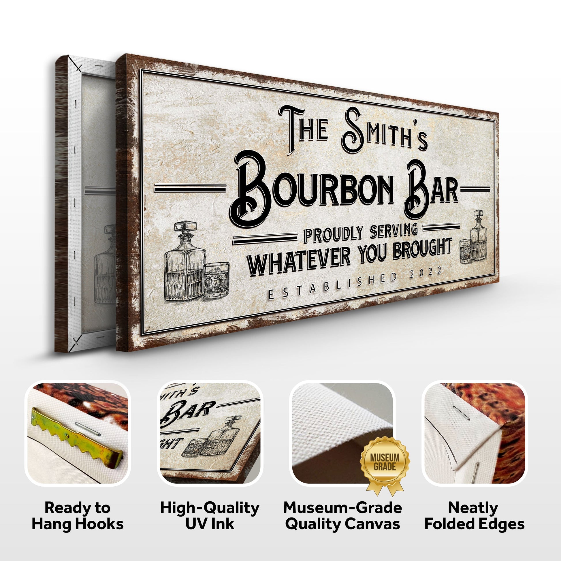 Canvas Personalized Bourbon Bar Sign by Tailored Canvases, rustic beige distressed wall art on Tampa Home & Garden Store