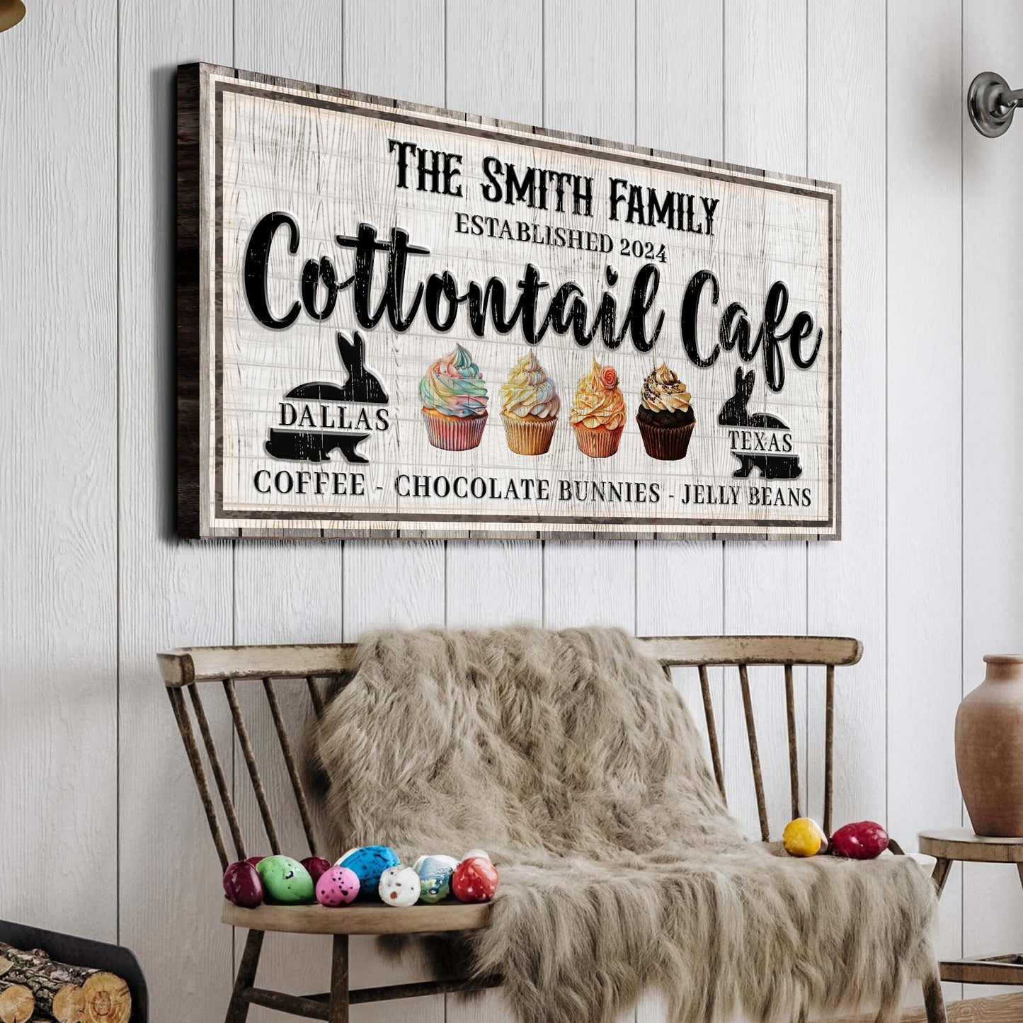 Personalized Easter Bunny Sign II canvas with rustic background and cupcakes on Tampa Home & Garden Store