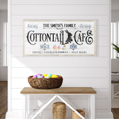 Personalized Easter Bunny Sign canvas on white frame with bold black typography Tailored Canvases on Tampa Home & Garden Store