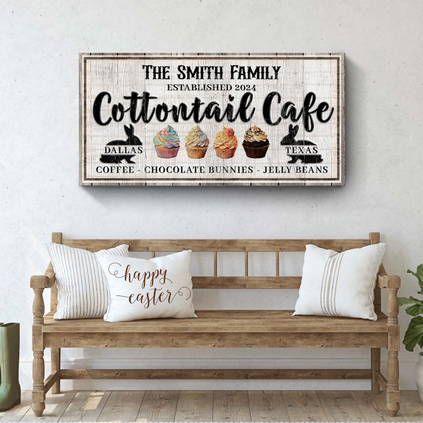 Personalized Easter Bunny Sign II canvas crafting print with rustic wood and cupcakes on Tampa Home & Garden Store