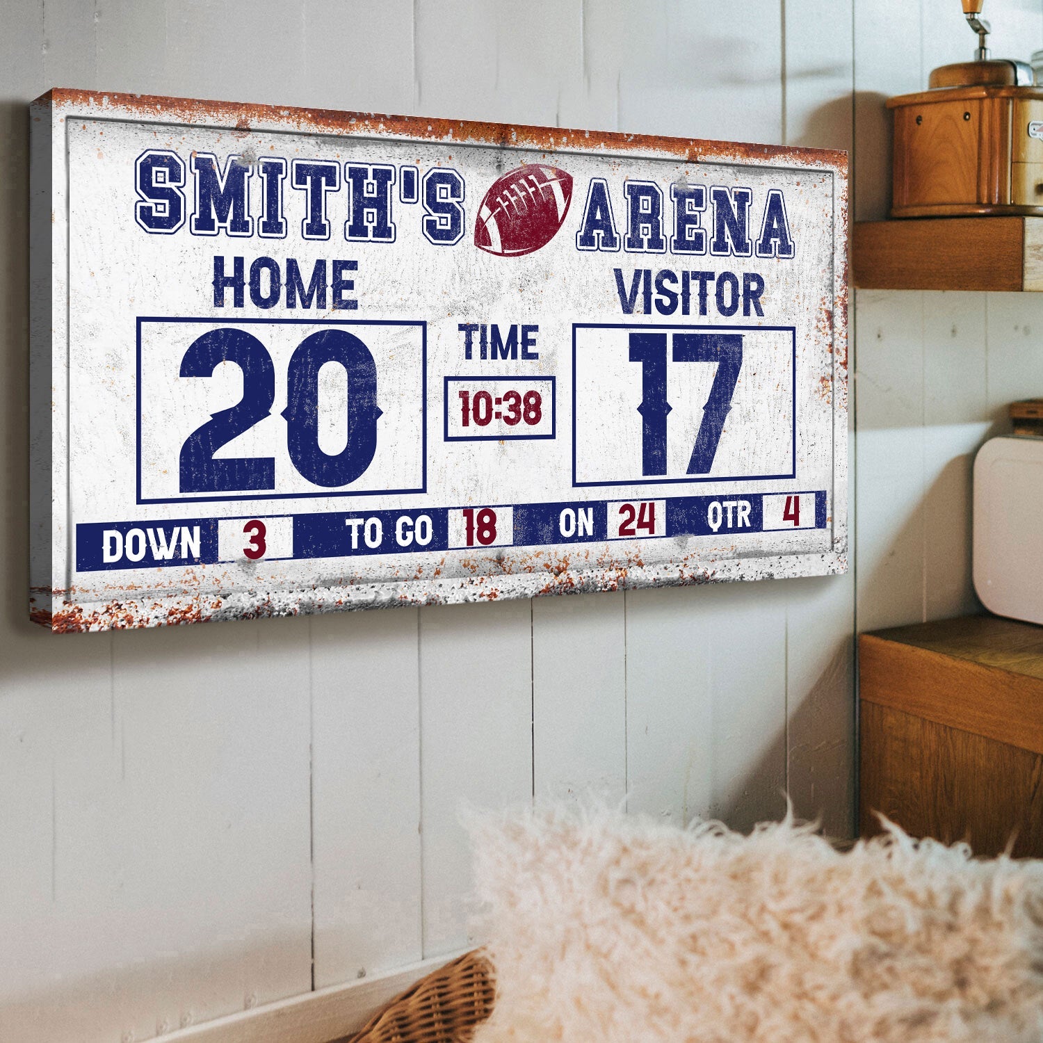 Personalized football scoreboard canvas by Tailored Canvases with home 20 and visitor 17 on Tampa Home & Garden Store