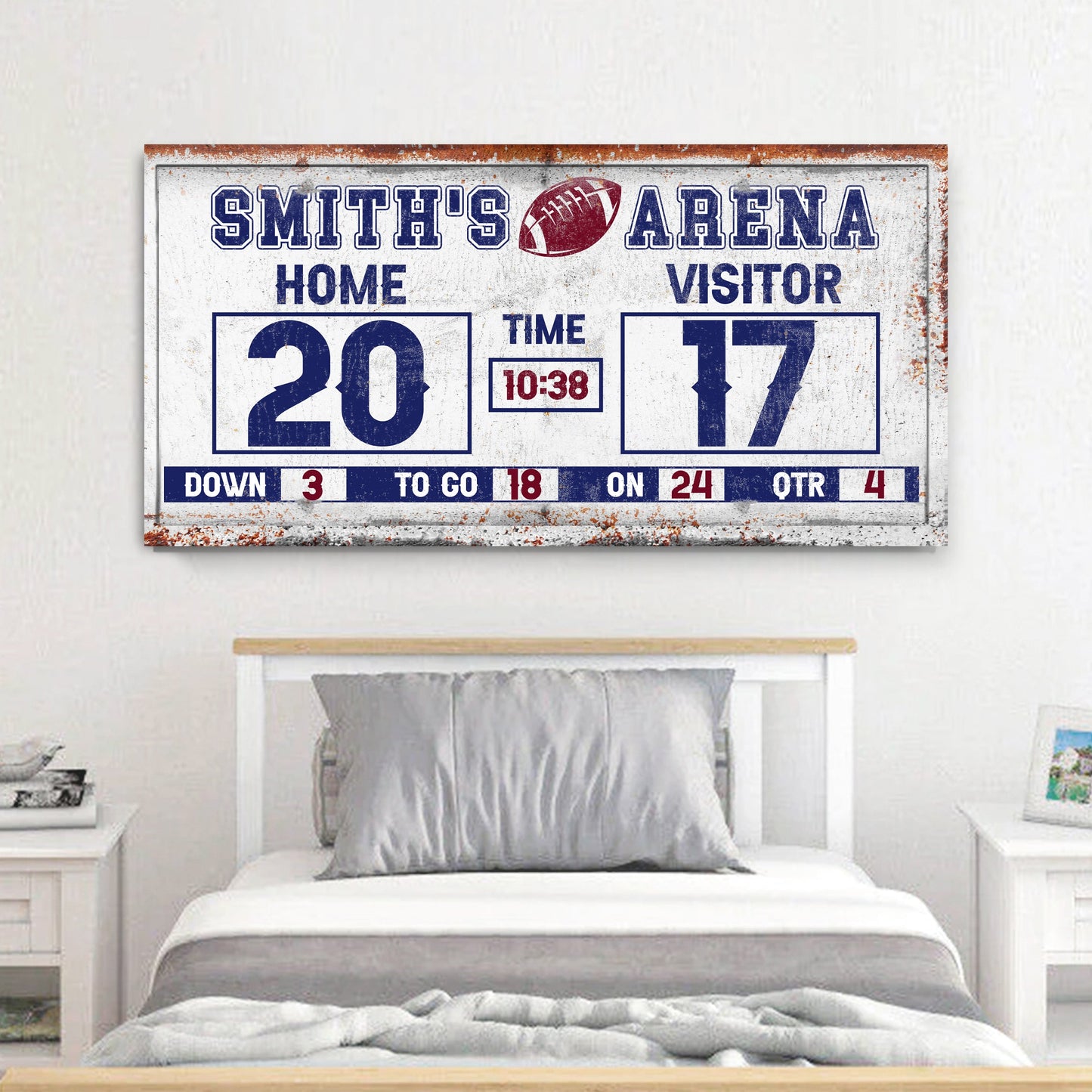 Personalized football scoreboard canvas sign Tailored Canvases home 20 visitor 17 navy on white on Tampa Home & Garden Store