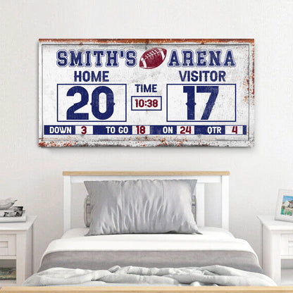 Personalized football scoreboard canvas sign Tailored Canvases home 20 visitor 17 navy on white on Tampa Home & Garden Store