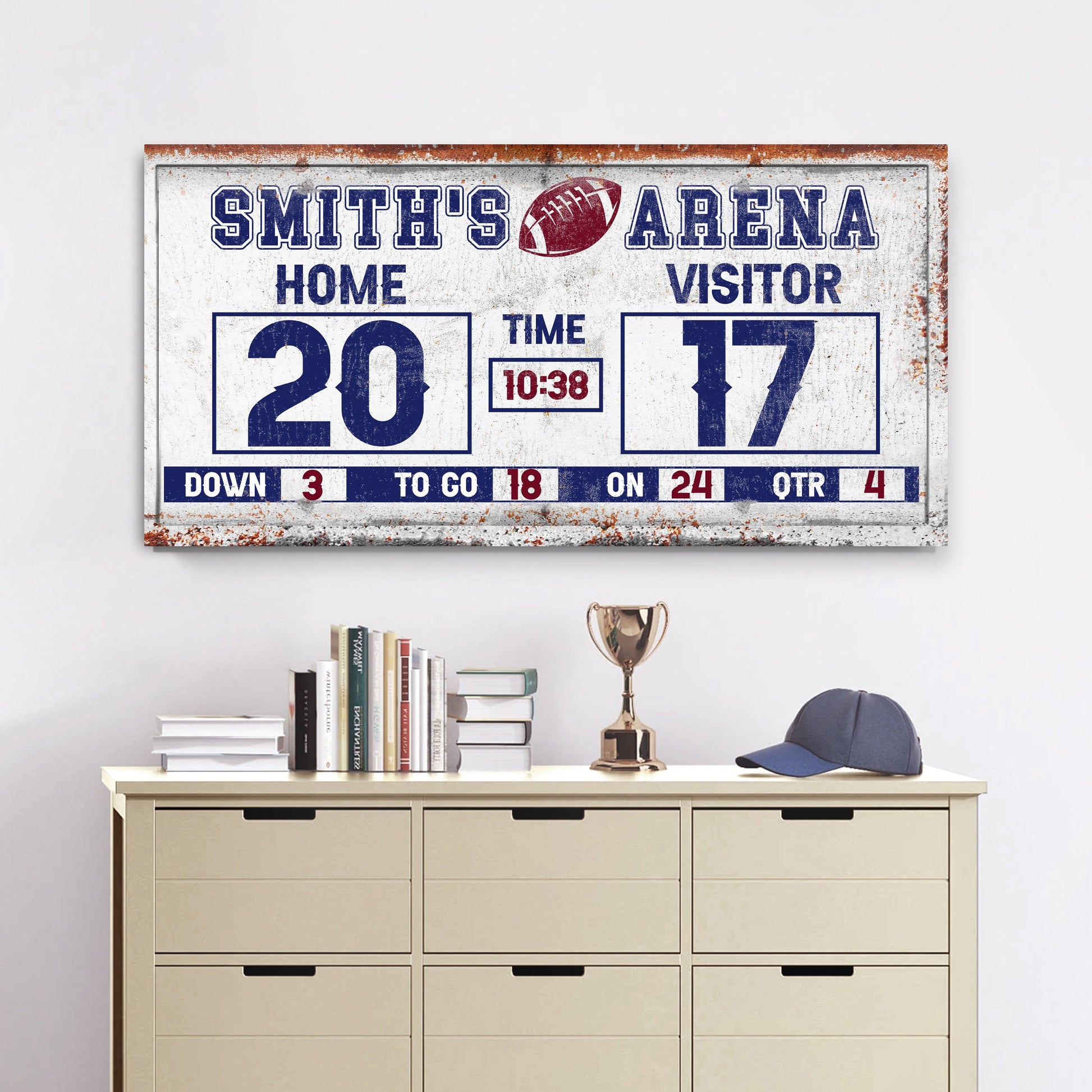 Personalized football scoreboard canvas by Tailored Canvases with home 20 visitor 17 on Tampa Home & Garden Store
