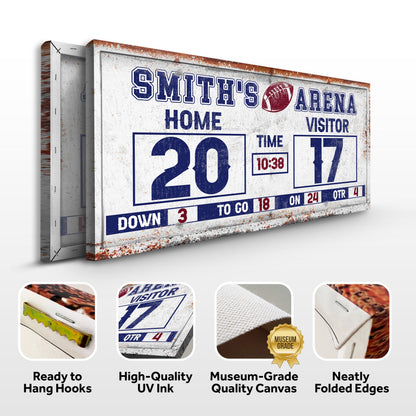 Personalized Football Scoreboard Sign canvas with weathered white panel and blue lettering on Tampa Home & Garden Store