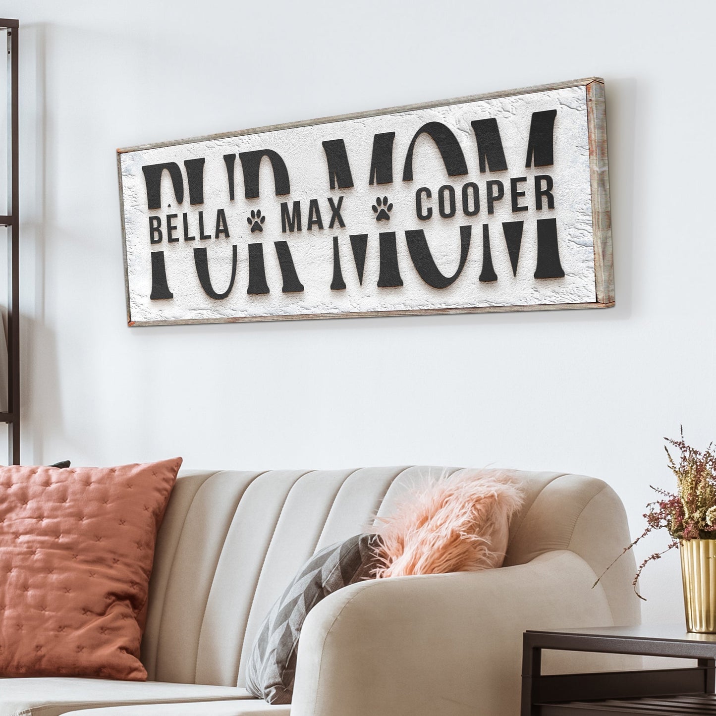 Personalized Fur Mom Sign canvas by Tailored Canvases with bold MOM letters and paw prints on Tampa Home & Garden Store