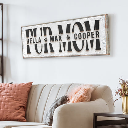 Personalized Fur Mom Sign canvas by Tailored Canvases with bold MOM letters and paw prints on Tampa Home & Garden Store