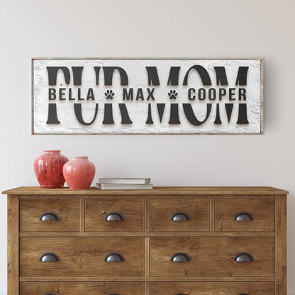 Personalized Fur Mom Sign canvas by Tailored Canvases with white textured backdrop on Tampa Home & Garden Store