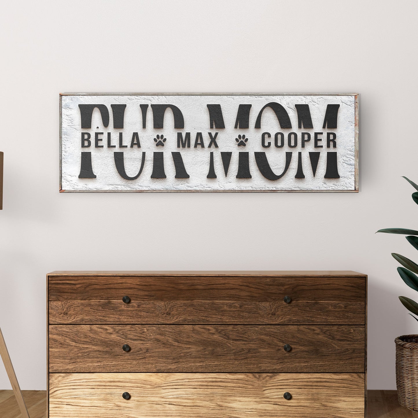 Personalized Fur Mom Sign canvas with MOM, Bella Max Cooper paw prints on Tampa Home & Garden Store