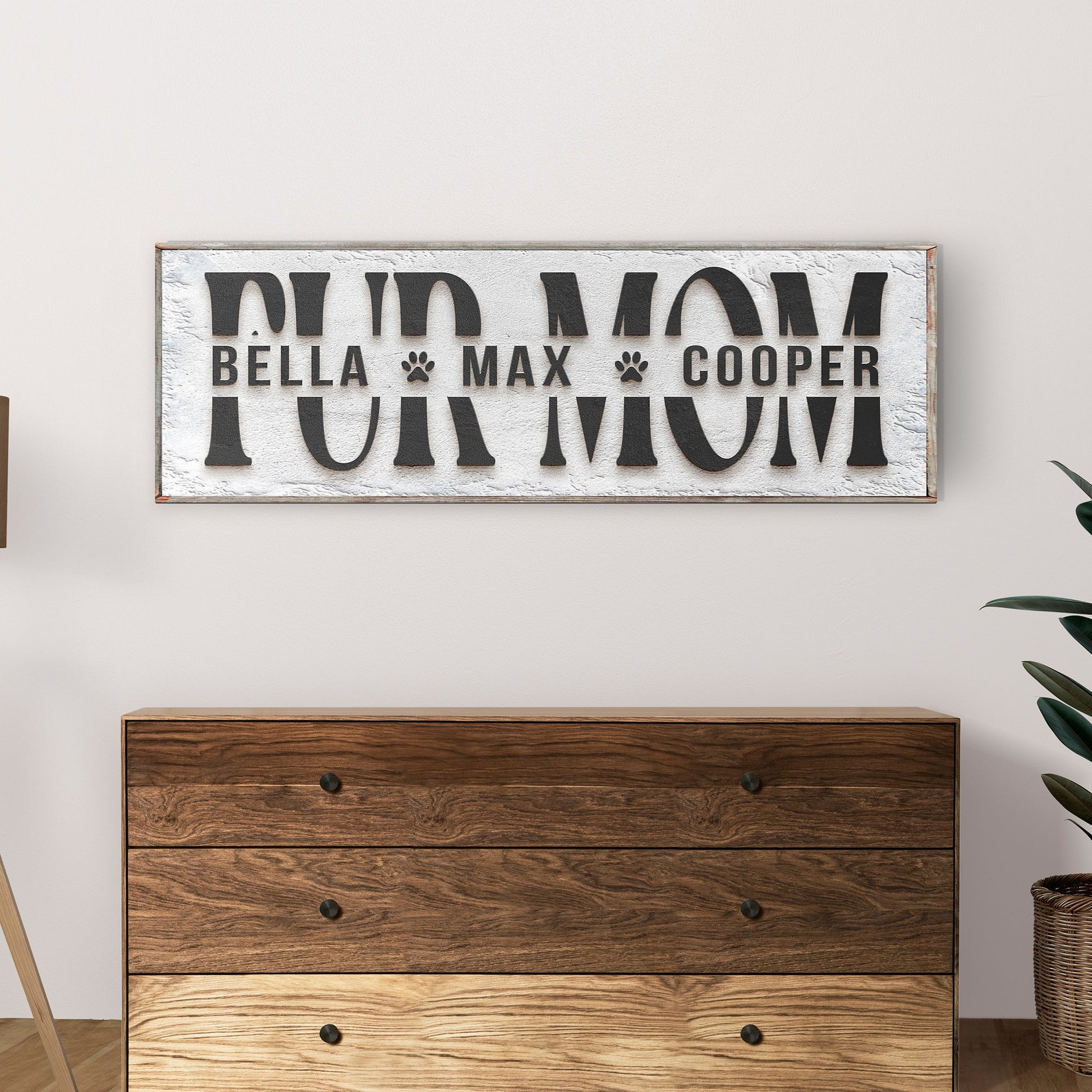 Personalized Fur Mom Sign canvas with MOM, Bella Max Cooper paw prints on Tampa Home & Garden Store