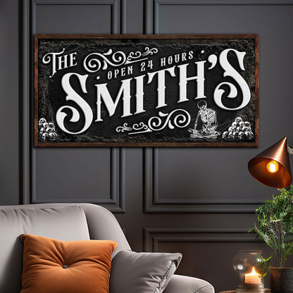 Personalized Gothic Sign II canvas framed on black with white typography Tailored Canvases on Tampa Home & Garden Store