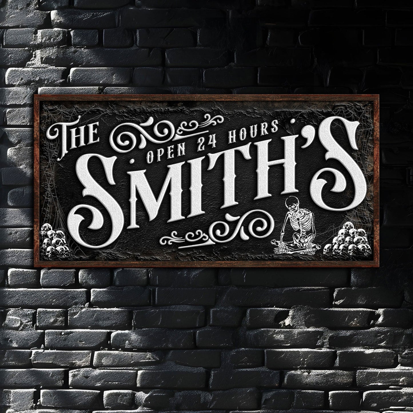 Gothic Sign II canvas by Tailored Canvases, white typography on black backdrop with rustic frame on Tampa Home & Garden Store