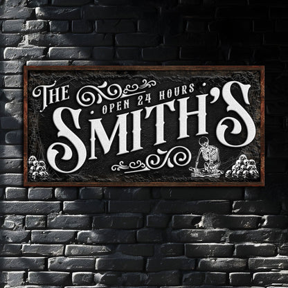 Gothic Sign II canvas by Tailored Canvases, white typography on black backdrop with rustic frame on Tampa Home & Garden Store